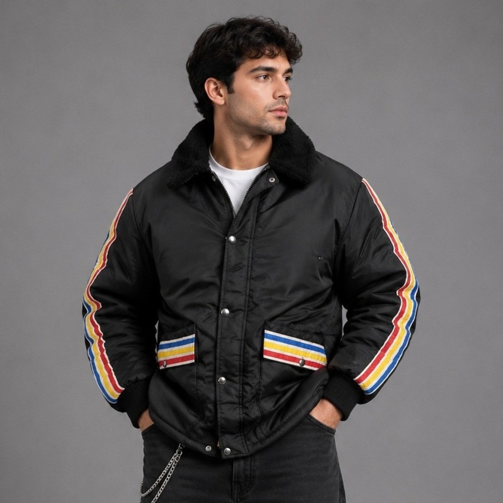 Vintage United Coat Mens Small Black Nylon Ski Parka Rainbow‎ Stripe Warm 70s